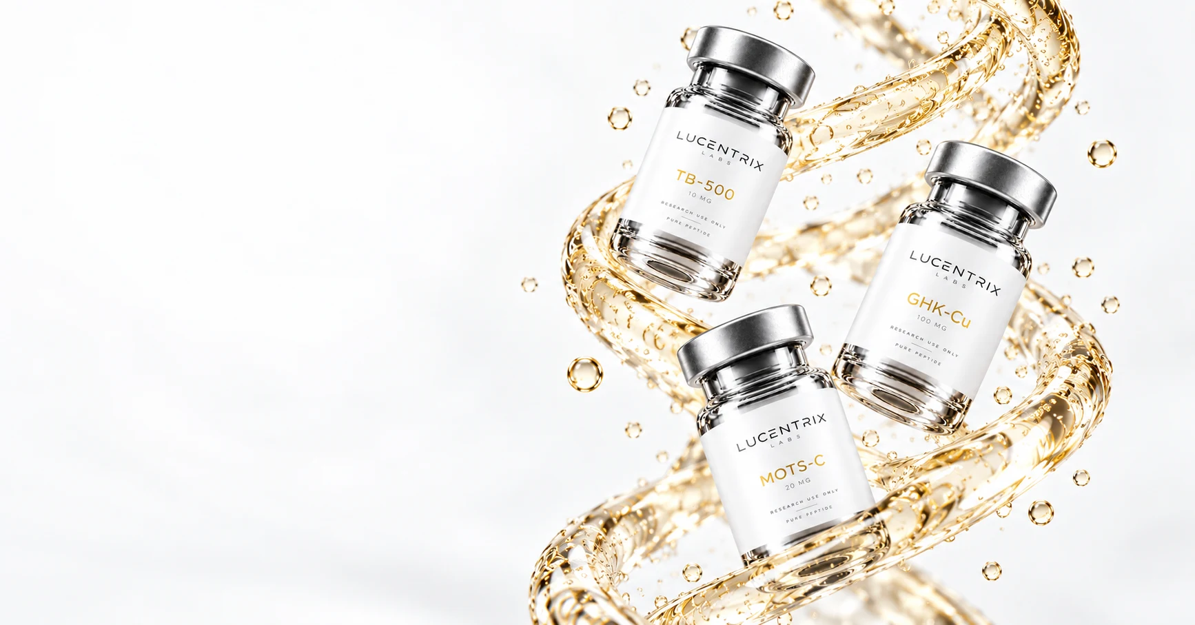 Three Lucentrix Labs vials — TB-500, GHK-Cu and MOTS-C — suspended in a champagne-gold DNA helix
