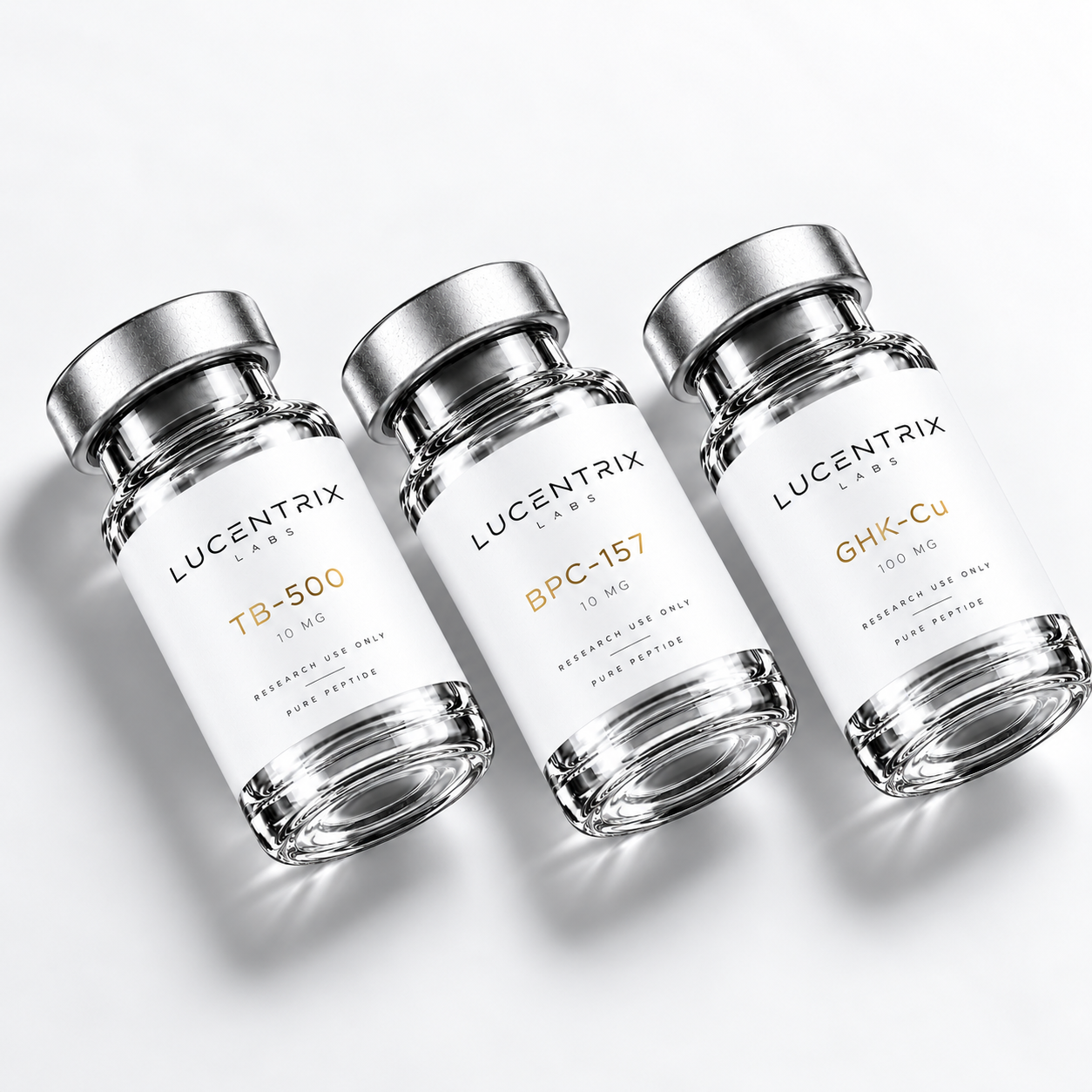 Lucentrix Labs TB-500, BPC-157 and GHK-Cu research vials